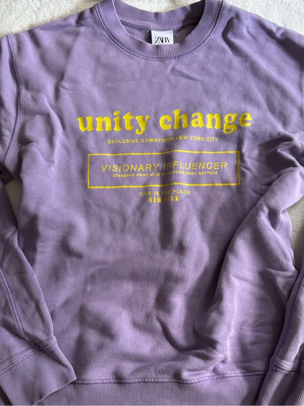 ZARA Lavender Crewneck Sweatshirt with Yellow Graphic